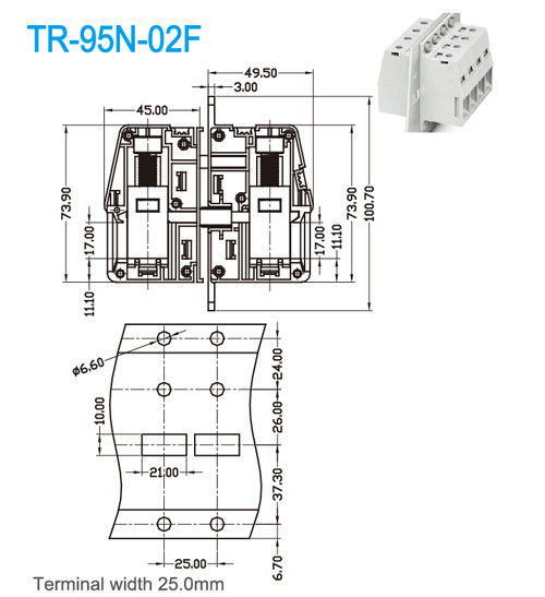 UL CE PA66 Wiring Terminal Block 600V / 230A 25mm Terminal Width
