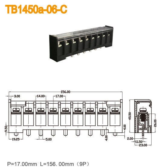Plastic Cover Black Brass Barrier Terminal Block 600V 57A 17mm Pitch