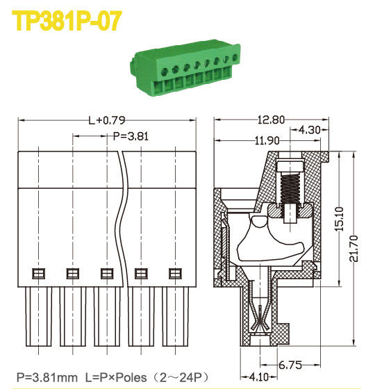 3.81mm Pitch Plug In Terminal Block Female Parts 300V 10A Green Color