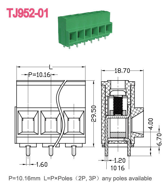 57A PCB Screw Terminal Block 10.16mm Pitch Euro Raising Series 2-16 Poles UL Technical Data