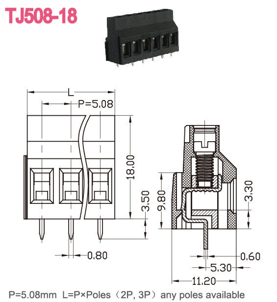 Black PCB Screw Terminal Block Brass Euro Raising Type Series 300V 10A 12-24 AWG