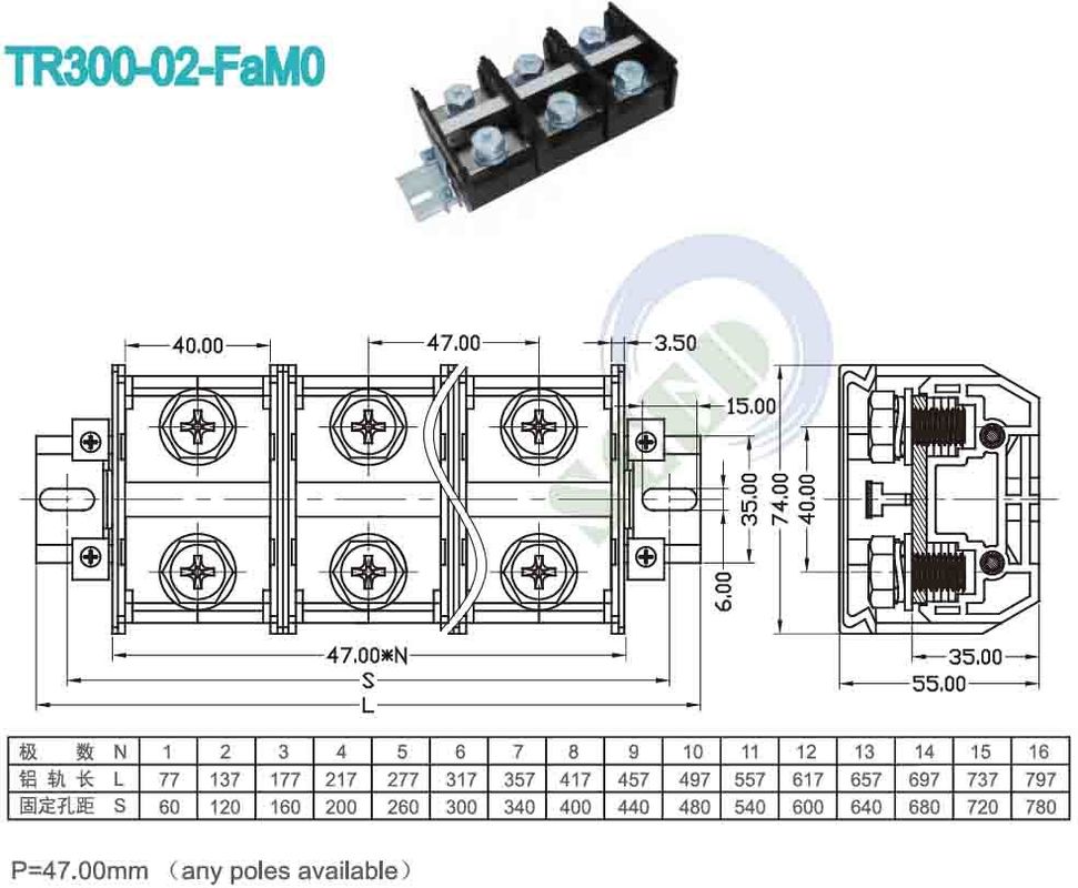PCB Panel Mount Terminal Block 47.00mm 600V 300A PC Black Screw Terminal Connector