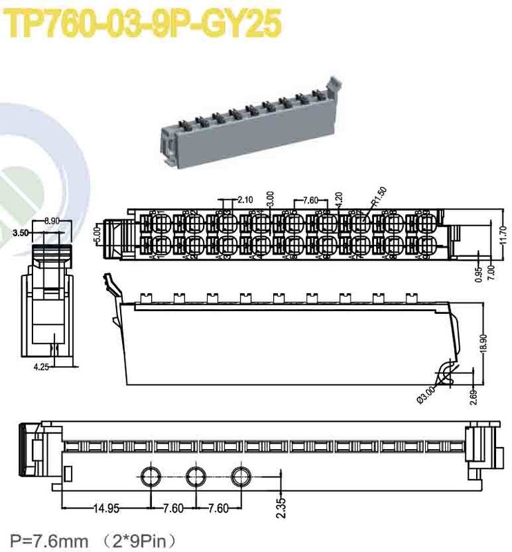 Female Pluggable Terminal Block Connector 7.6mm Pitch 150V 8A 2*9 Poles PA66
