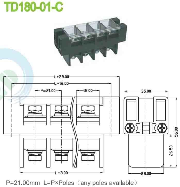 21.00mm PBT Feed Through 180A Panel Mount Perforation Terminal Block With Plastic Cover