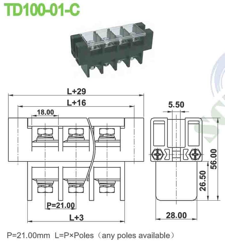101A 21.0mm PBT Perforation 600V Feed Through Terminal Block With Plastic Cover