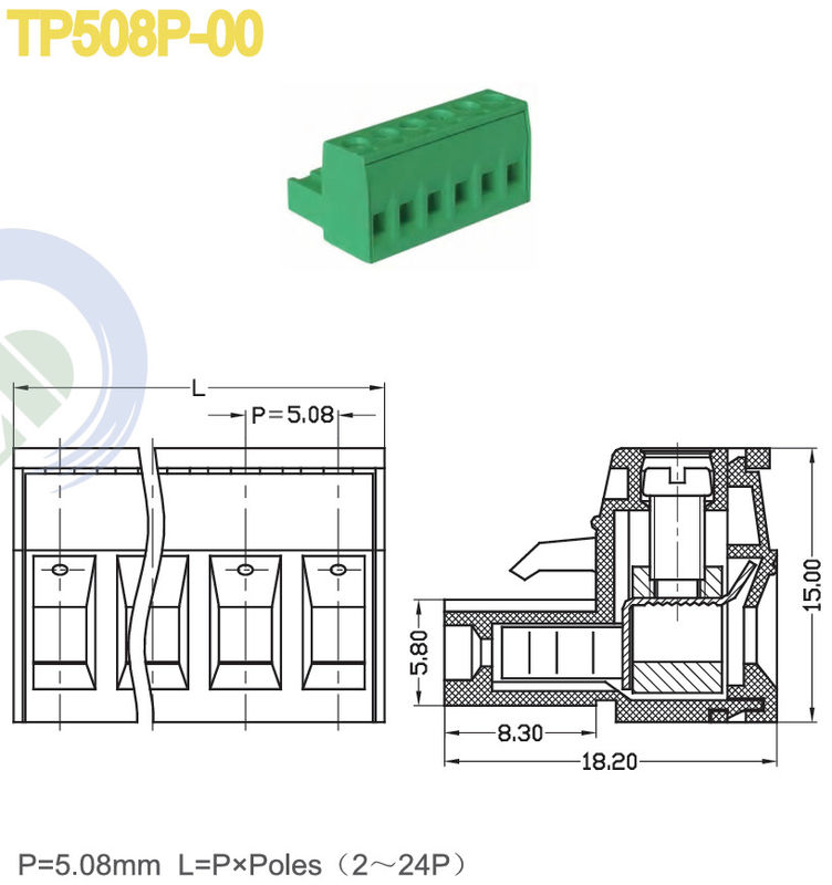Pitch 5.08mm Pluggable Terminal Block Brass Green M3 PA66 12-30 AWG