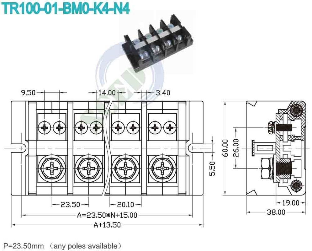 101A High Current Terminal Block For Industry Control 23.50mm M8 Steel Screw 38mm2