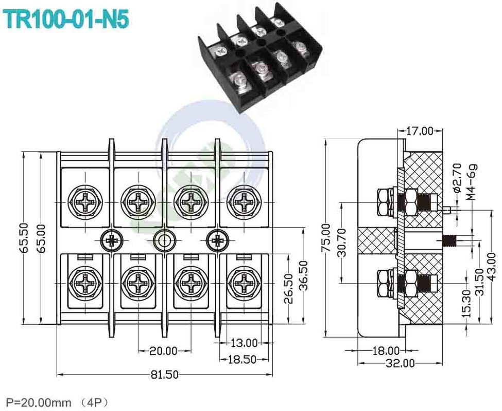 600V 100A High Current Terminal Blocks 20.00mm Copper Right Angle Wire Terminals