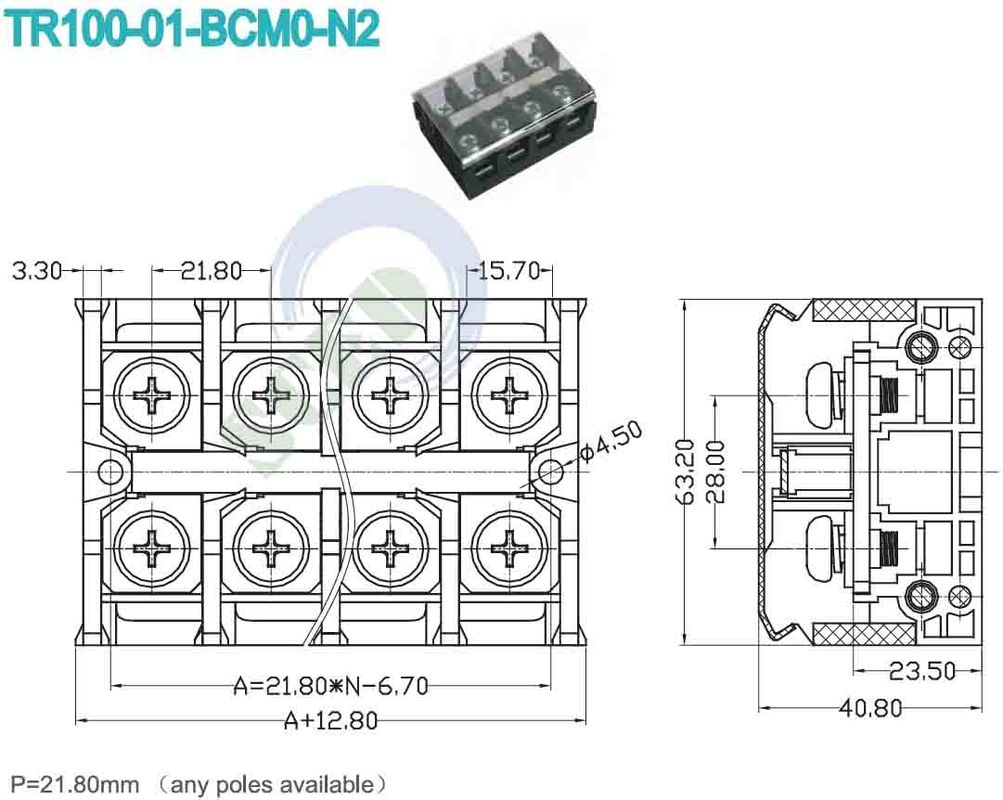 High Current Terminal Connector 600V 101A 21.80mm Any Poles Available Used In Industrial Control